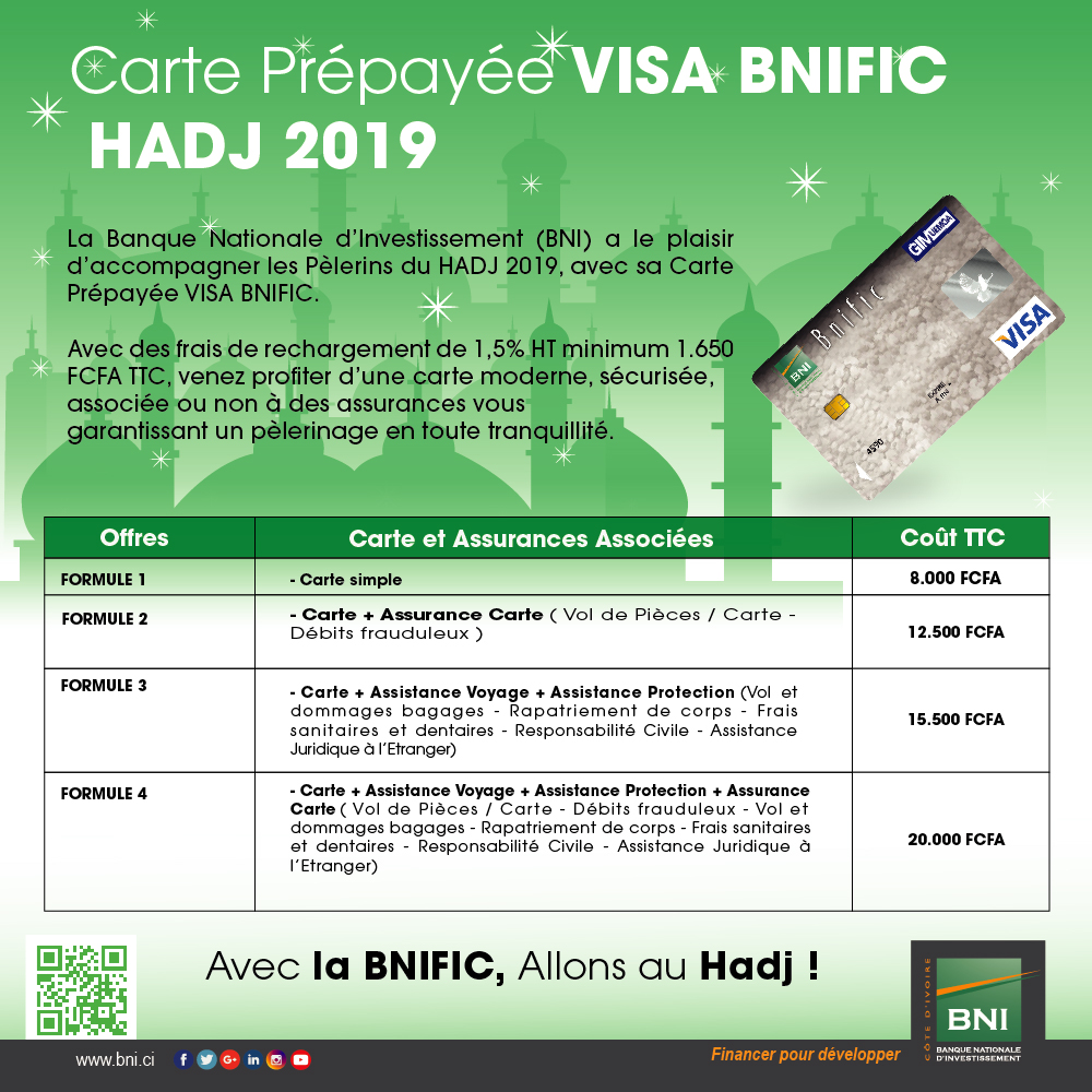Carte Prépayée VISA BNIFIC « HADJ 2019 »