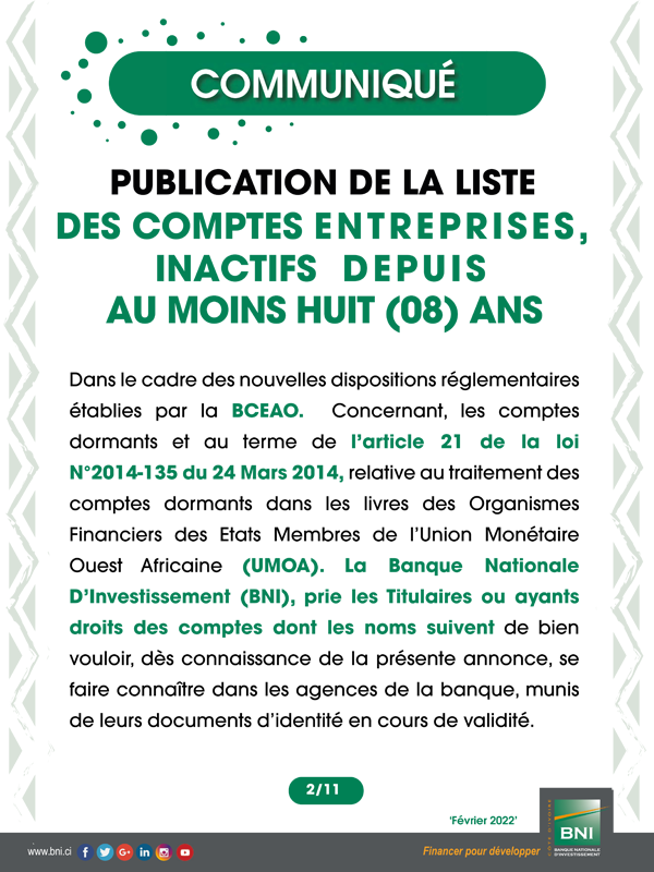 Comptes Entreprises, inactifs depuis au moins huit (08) ans