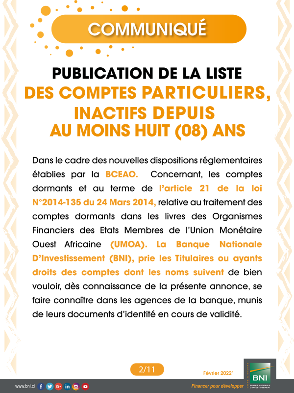 Comptes Particuliers, inactifs depuis au moins huit (08) ans