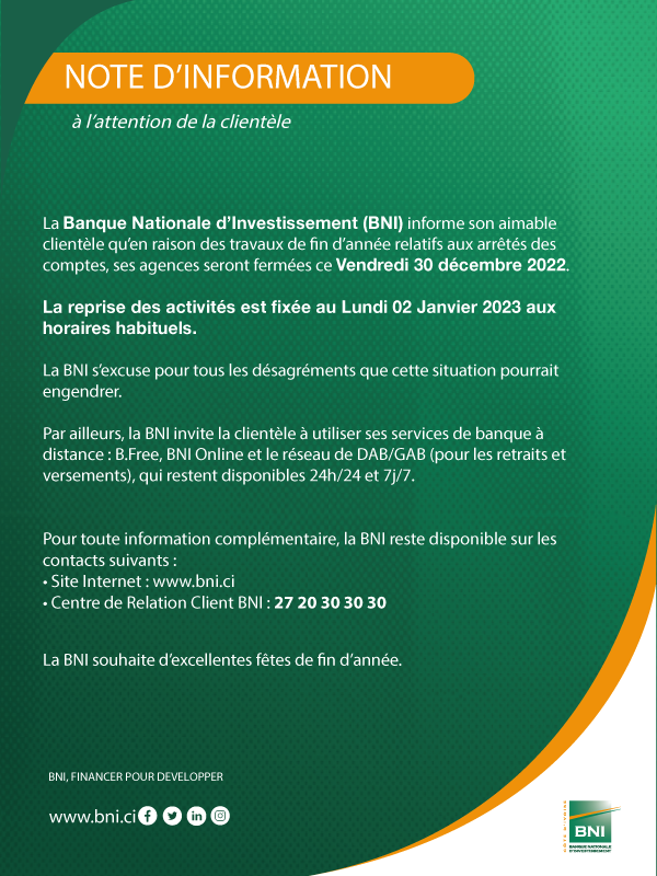 NOTE DINFORMATION - ARRETES DES COMPTES