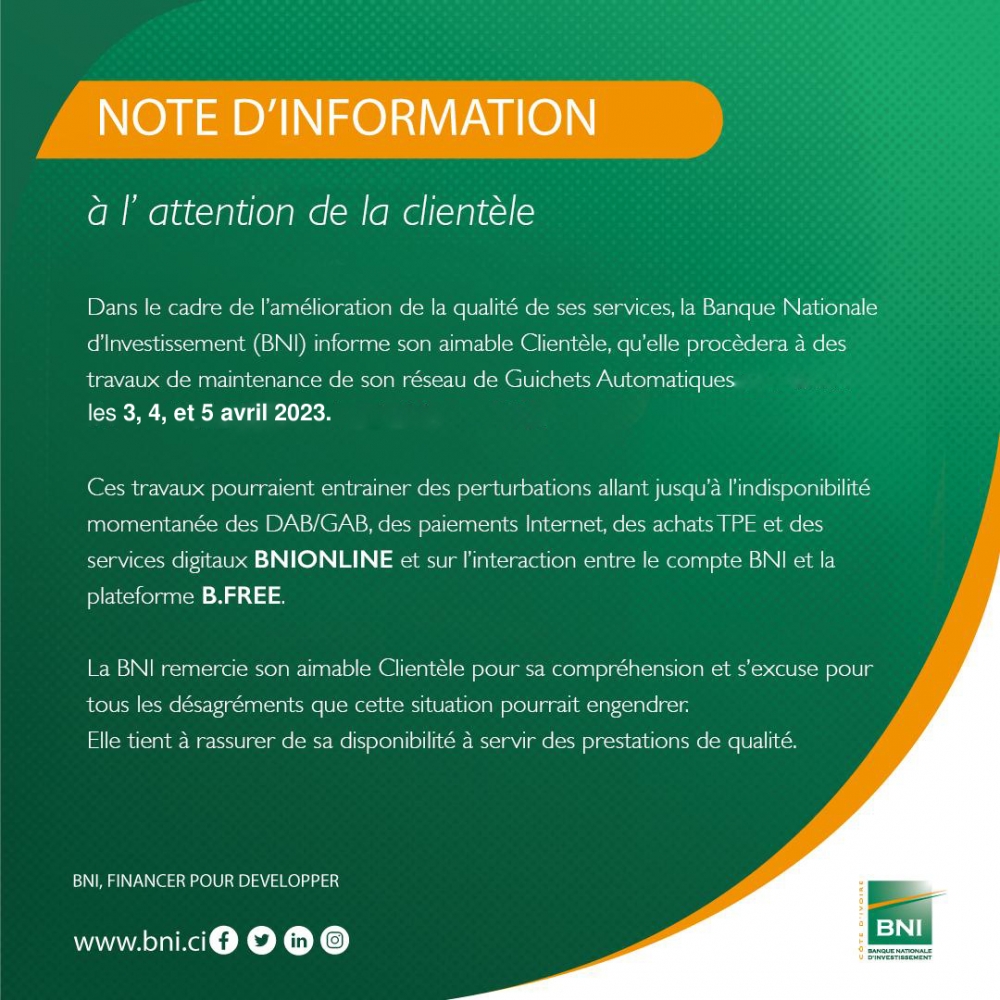 NOTE D'INFORMATION- INDISPONIBILITE GAB les 3, 4,5 Avril 2023