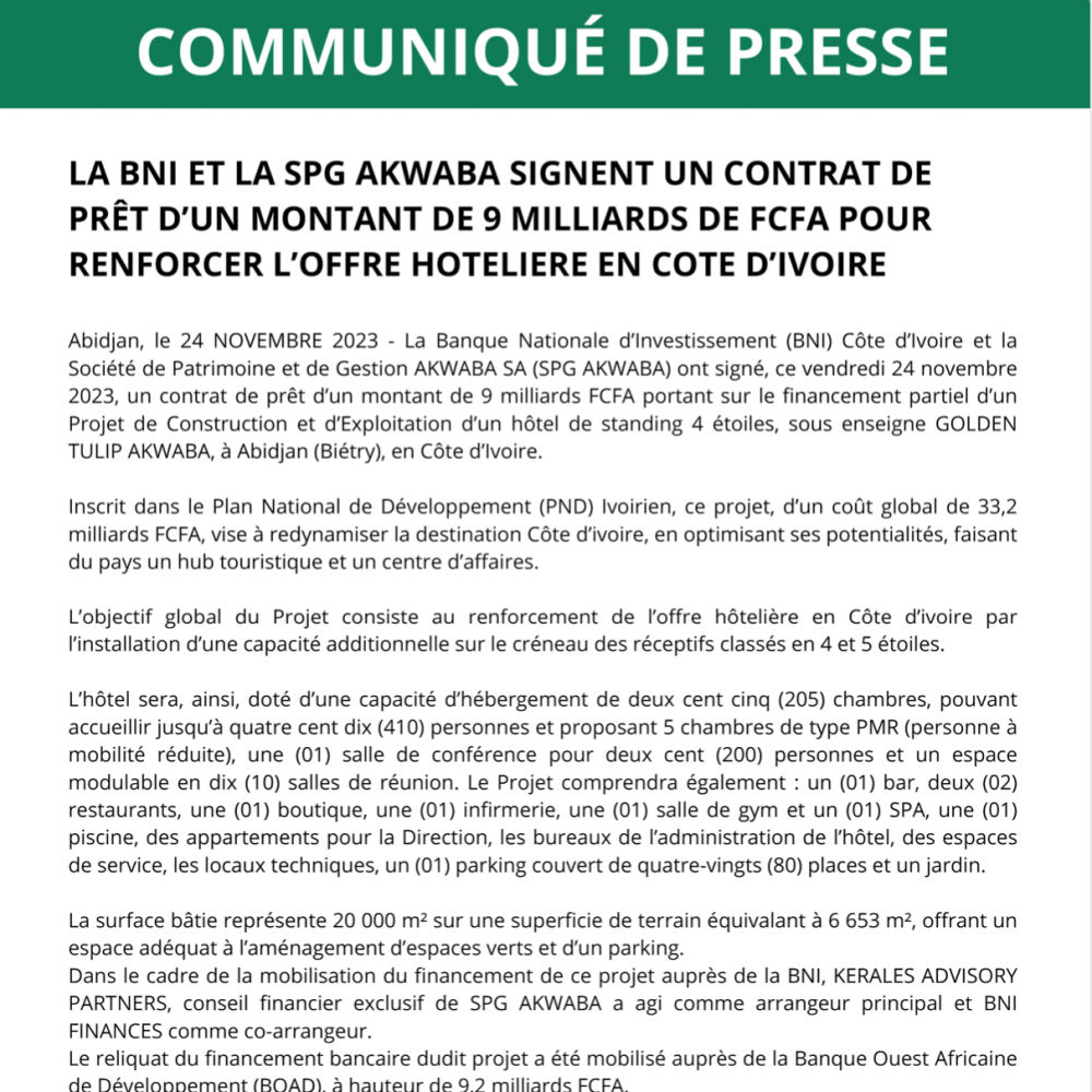 Publication / 28 Nov. 2023 Communiqu de presse (Signature de convention entre la BNI et la SPG AKWABA)