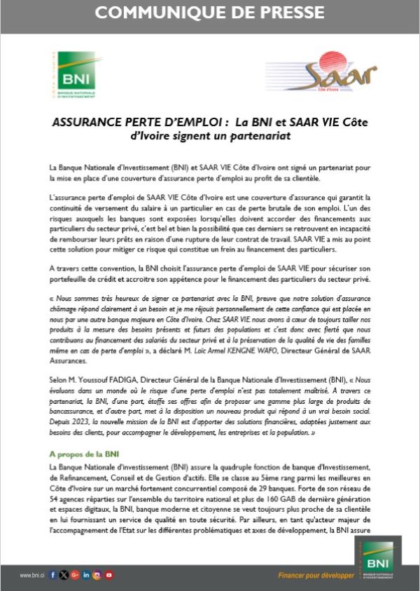 COMMUNIQUE DE PRESSE SAAR ASSURANCES