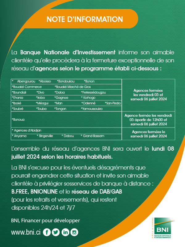 FERMETURE EXCEPTIONNELLE DES AGENCES