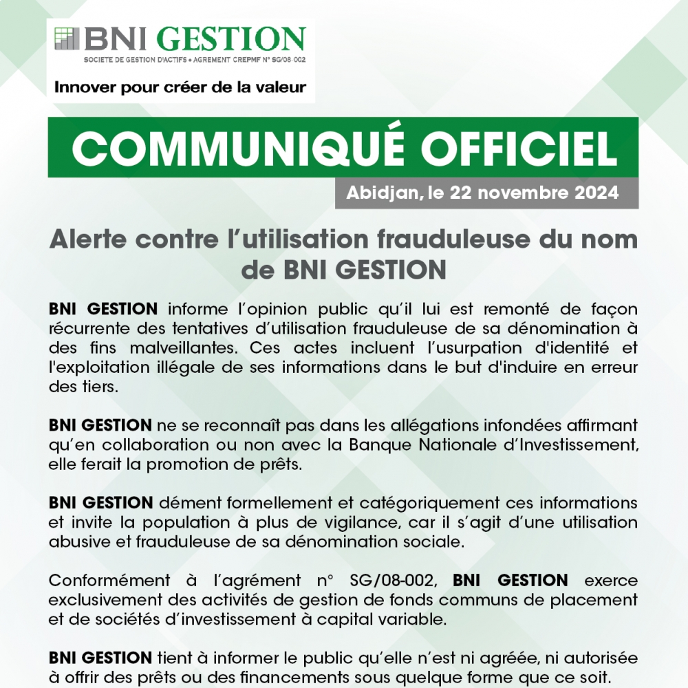 COMMUNIQU BNI GESTION