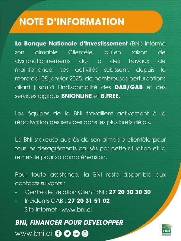 NOTE D'INFORMATION- TRAVAUX DE MAINTENANCE BNIONLINE ET BFREE
