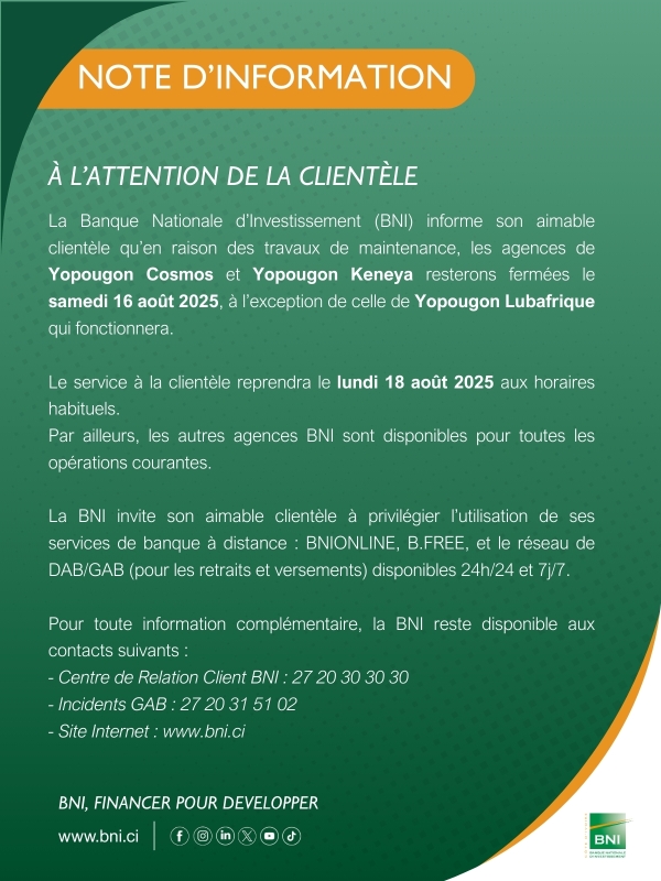NOTE D'INFORMATION - FERMETURE DES AGENCES DE YOPOUGON