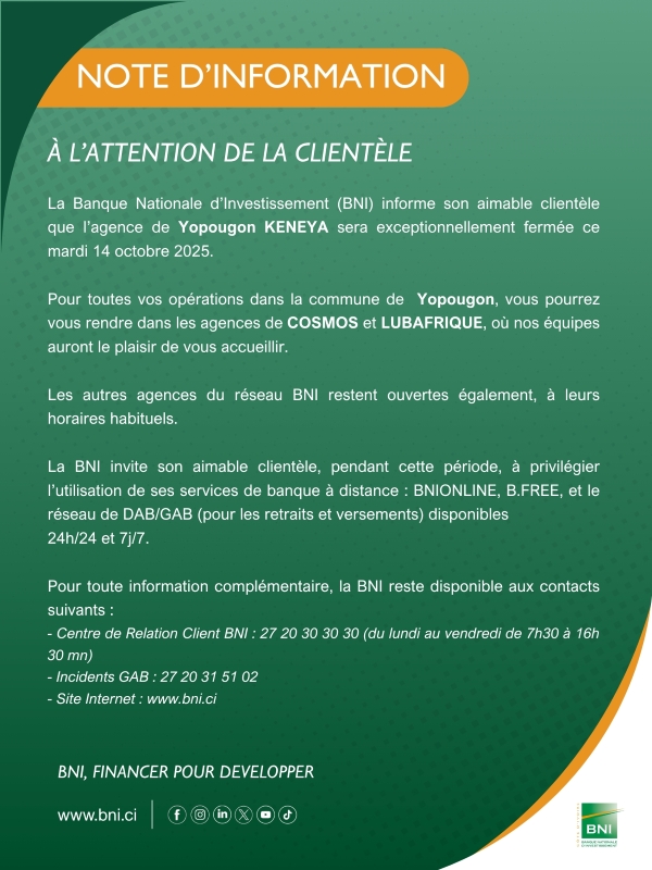 NOTE D'INFORMATION Fermeture d%u2019agence Yopougon KENEYA