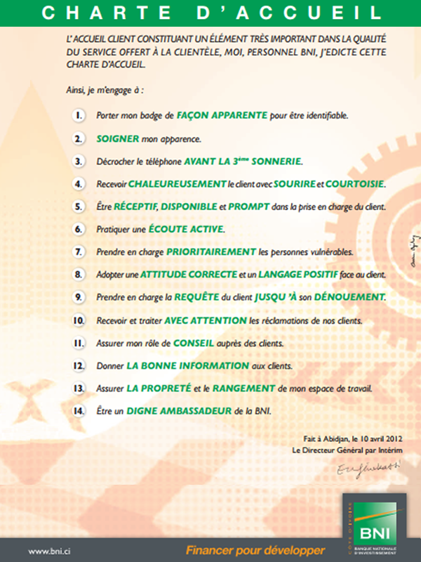 Charte d'accueil BNI